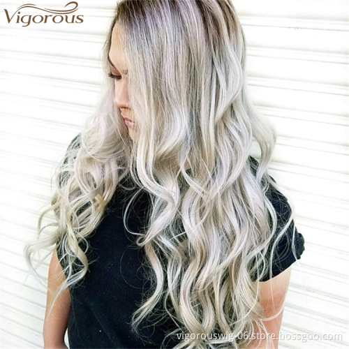Vigorou Top Quality Long Ombre Gray Wavy Wigs Middle Part Synthetic Wigs For Black Women Heat Resistant Fiber Cosplay Party Wigs